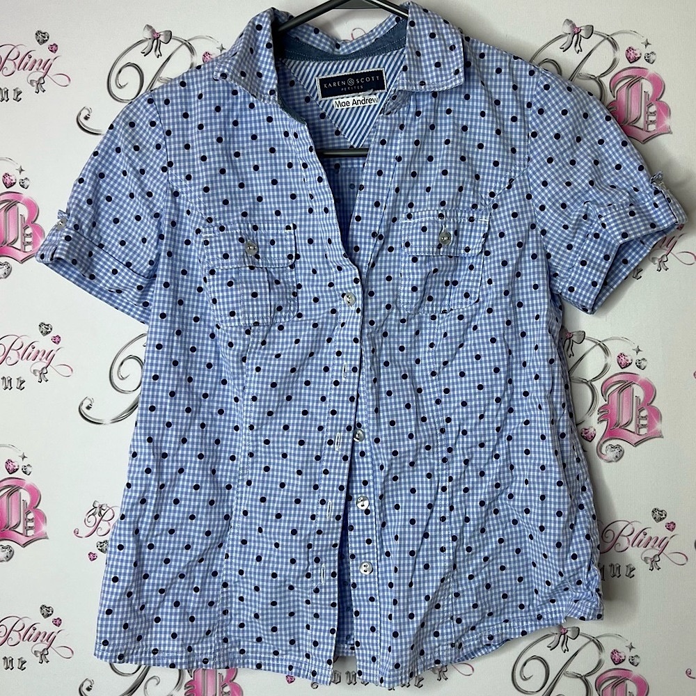Karen Scott button up collar Blue and Black Checkered Button Down Shirt